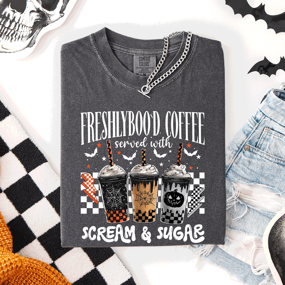 Freshly Boo'd Halloween Coffee Witch Spooky Cozy Night Vibes Graphic Comfort Colors Tee