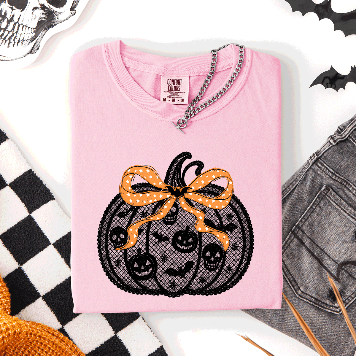 Halloween Pumpkin Faux Lace Coquette Ribbon And Bows Festive Style Comfort Colors Tee