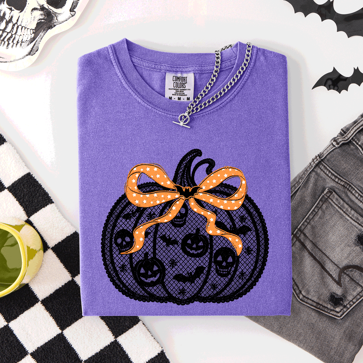 Halloween Pumpkin Faux Lace Coquette Ribbon And Bows Festive Style Comfort Colors Tee