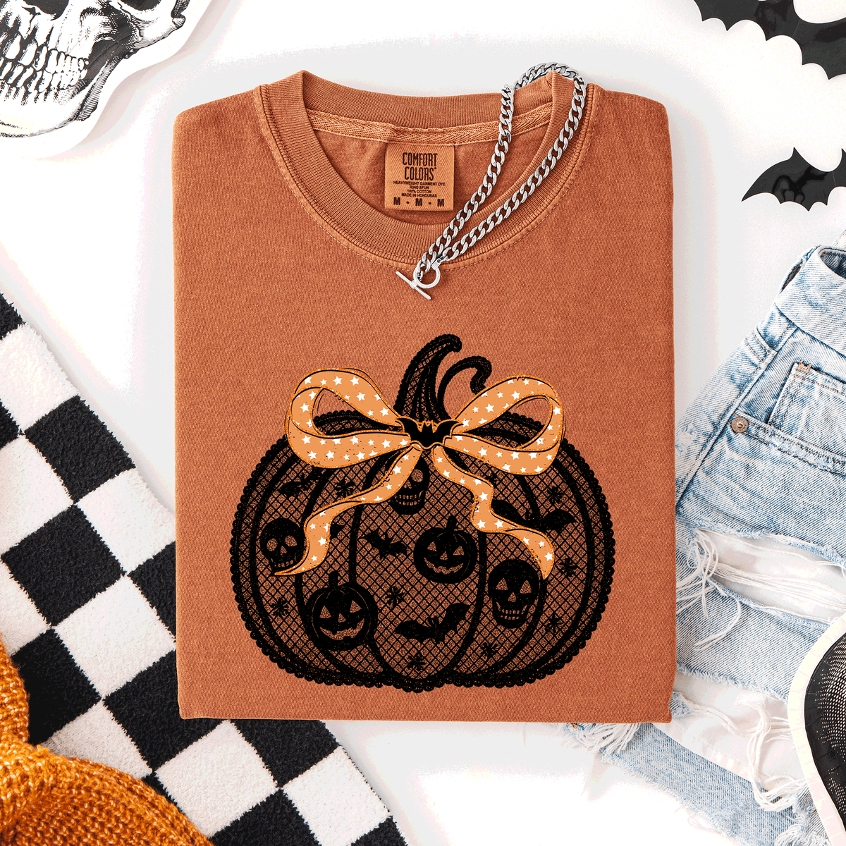 Halloween Pumpkin Faux Lace Coquette Ribbon And Bows Festive Style Comfort Colors Tee