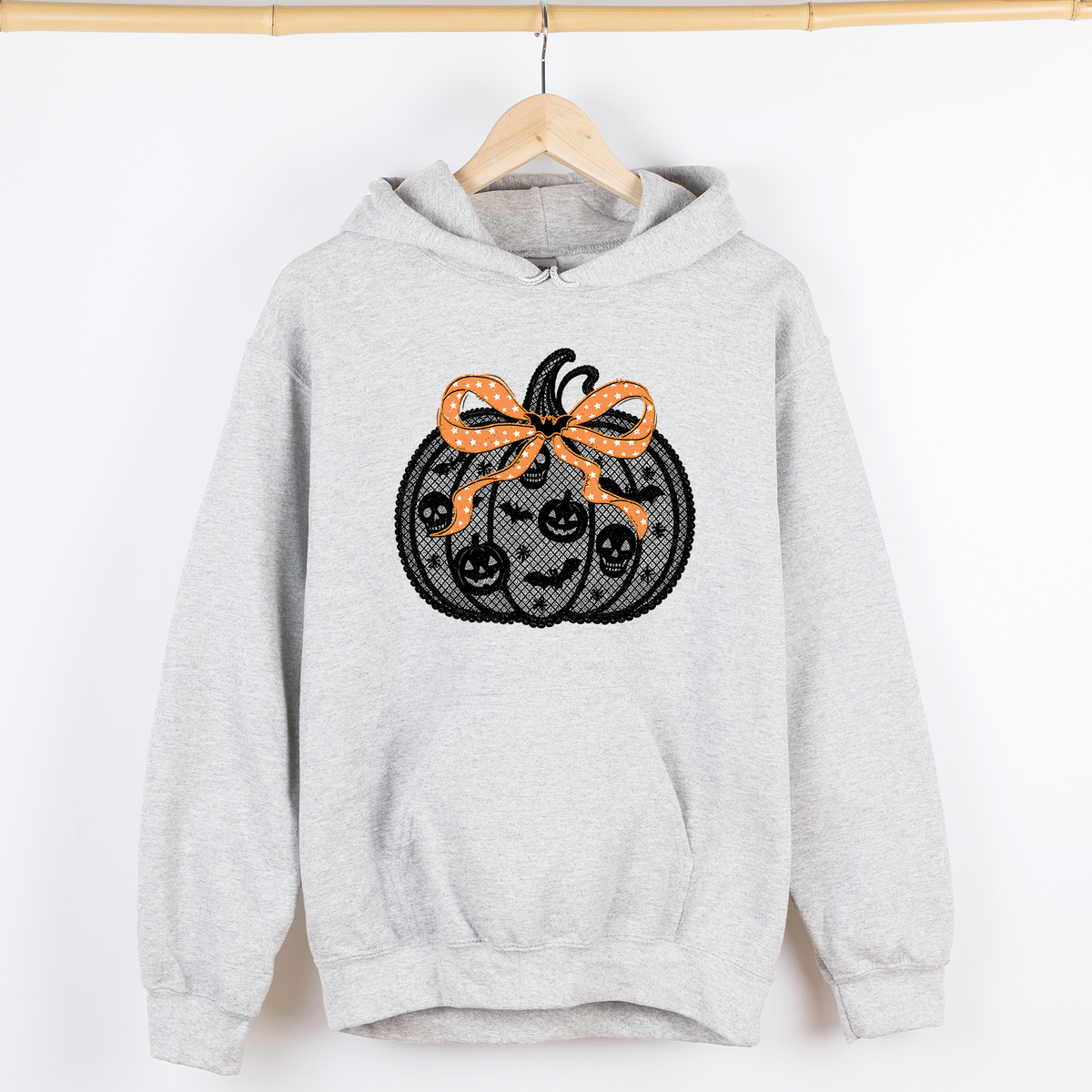 Halloween Pumpkin Faux Lace Coquette Ribbon Bows Embroidered Details Graphic Hoodie