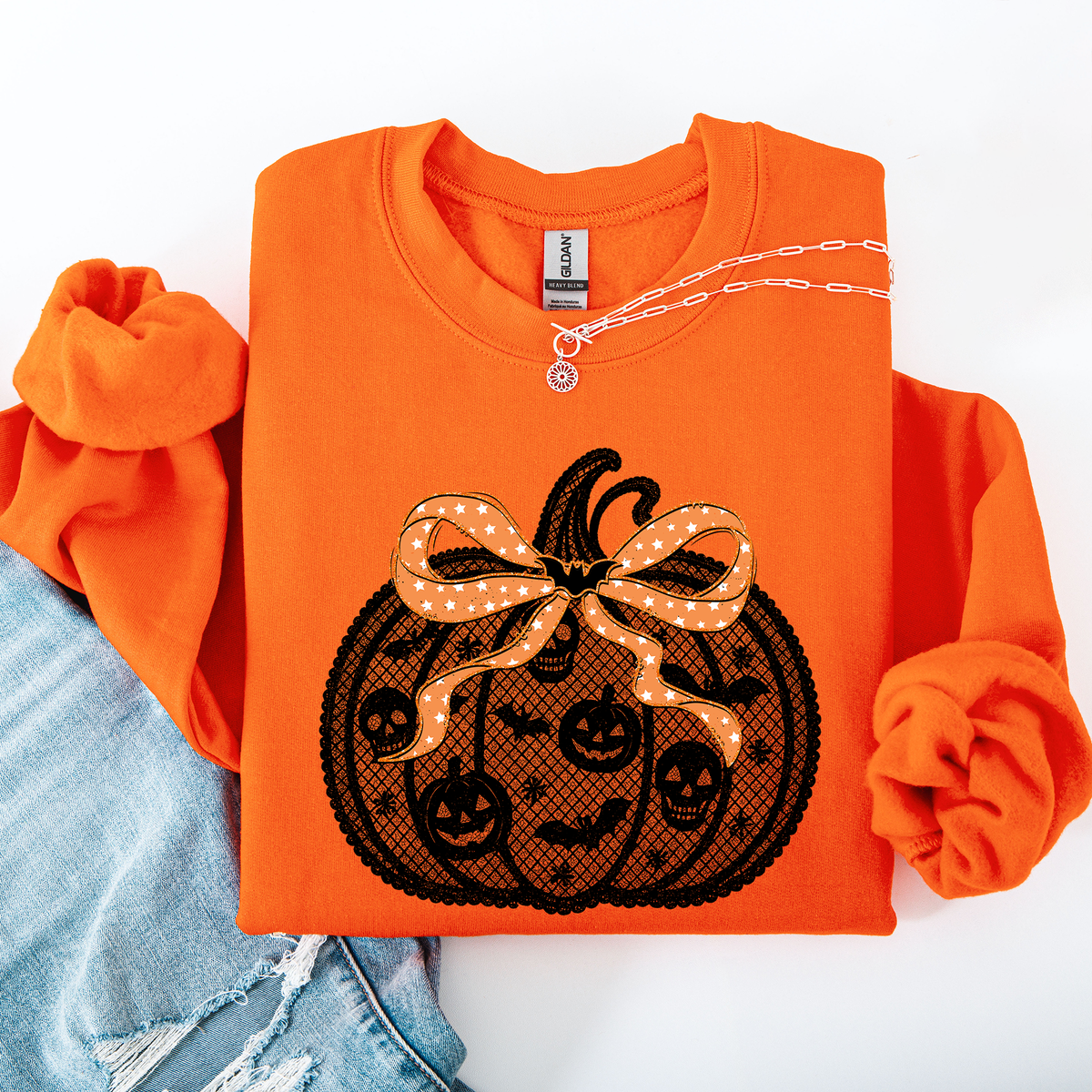 Halloween Pumpkin Faux Lace Coquette Ribbon Bows Embellished Velvet Accents Seasonal Collection Graphic Sweatshirt