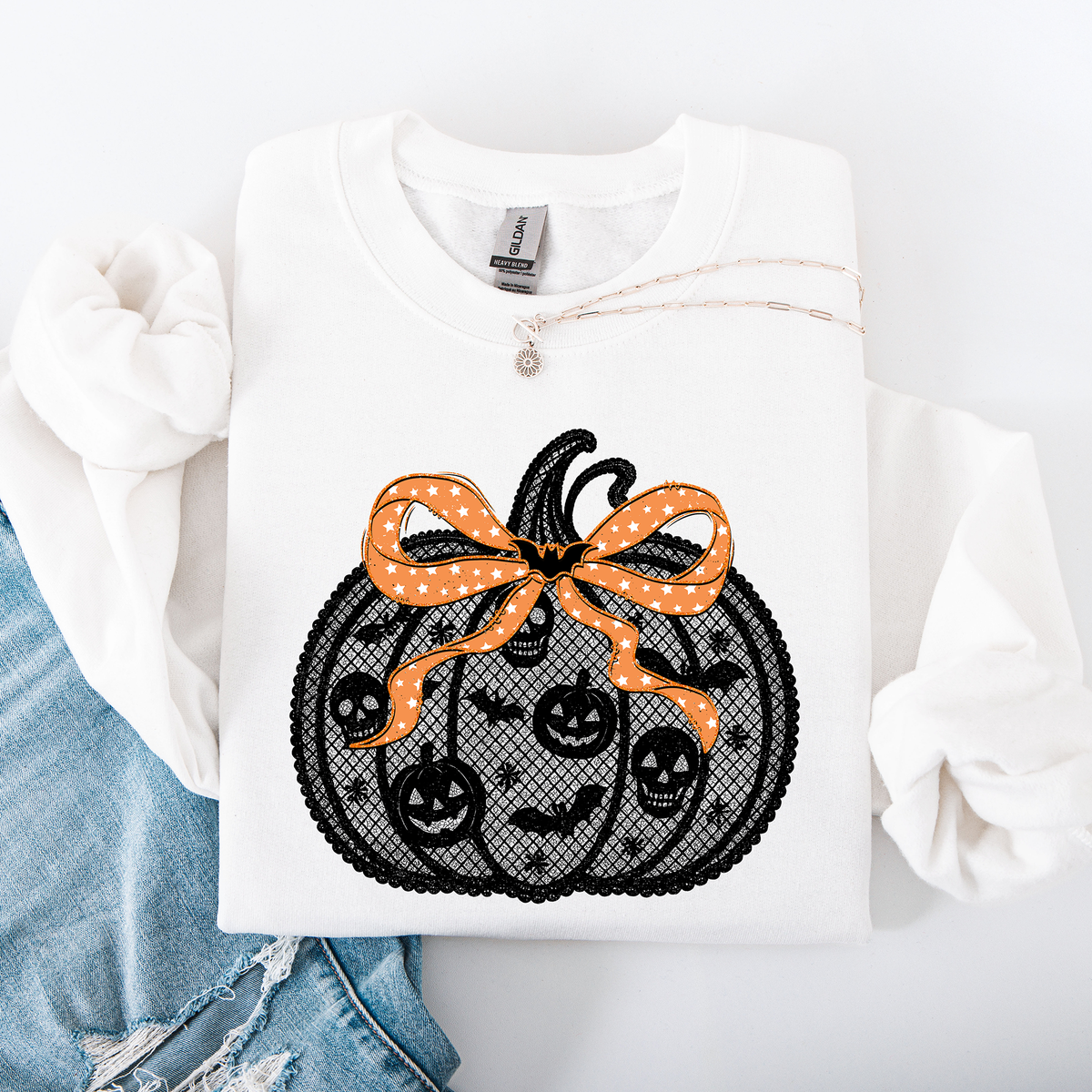 Halloween Pumpkin Faux Lace Coquette Ribbon Bows Embellished Velvet Accents Seasonal Collection Graphic Sweatshirt