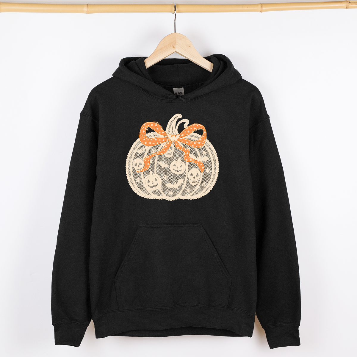 Halloween Pumpkin Faux Lace Coquette Ribbon Bows Embroidered Details Graphic Hoodie