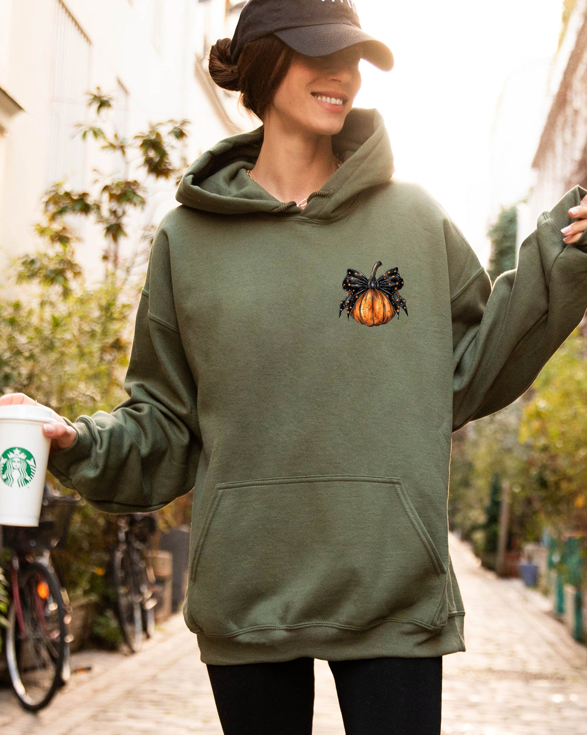 Halloween Pumpkin Ribbon Pocket Print Graphic Coquette Fall Autumn Hooded Sweatshirt