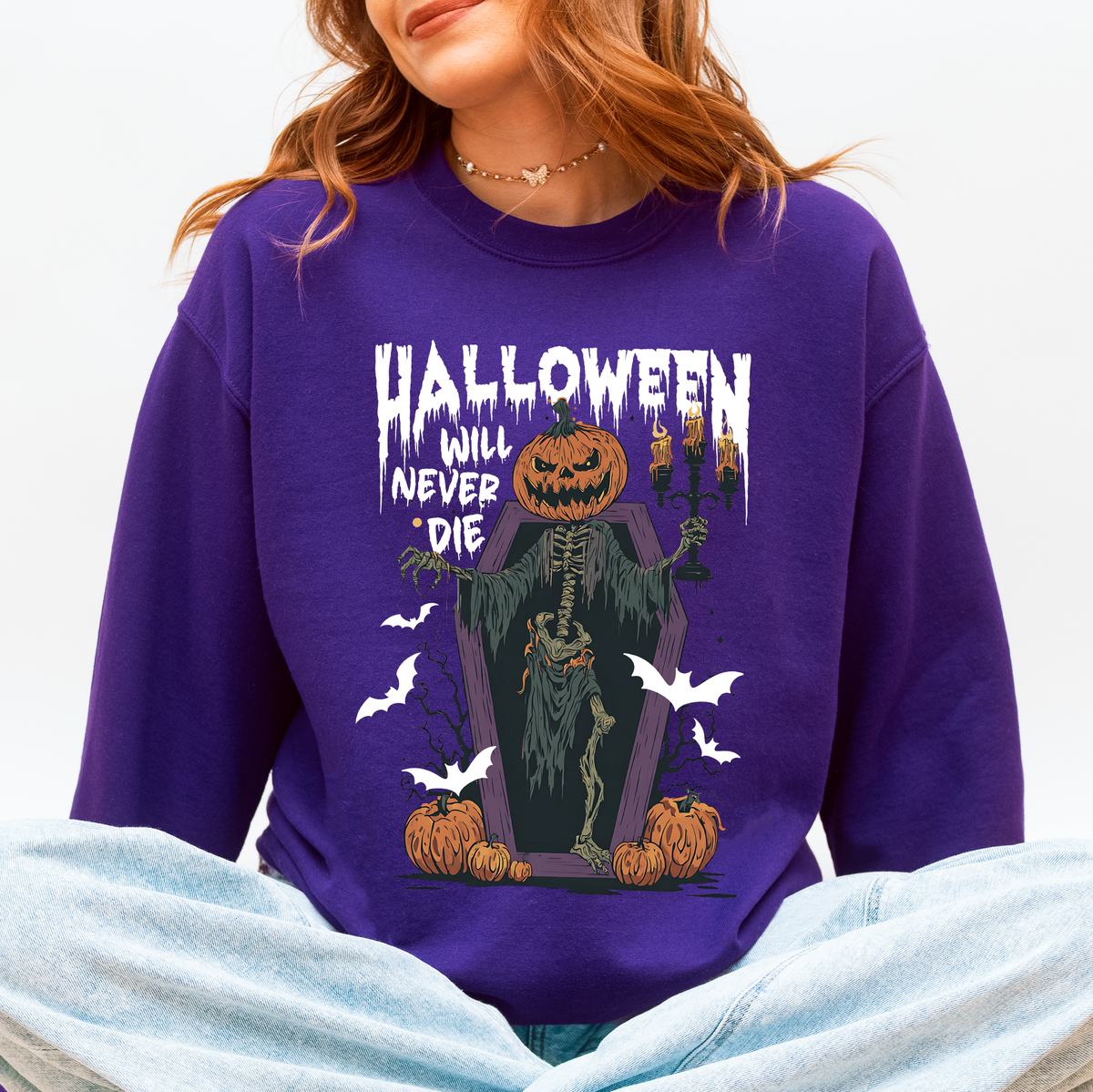 Halloween Will Never Die Spooky Jack O Lantern Pumpkin Haunted Autumn Night Graphic Illustration Collection Sweatshirt
