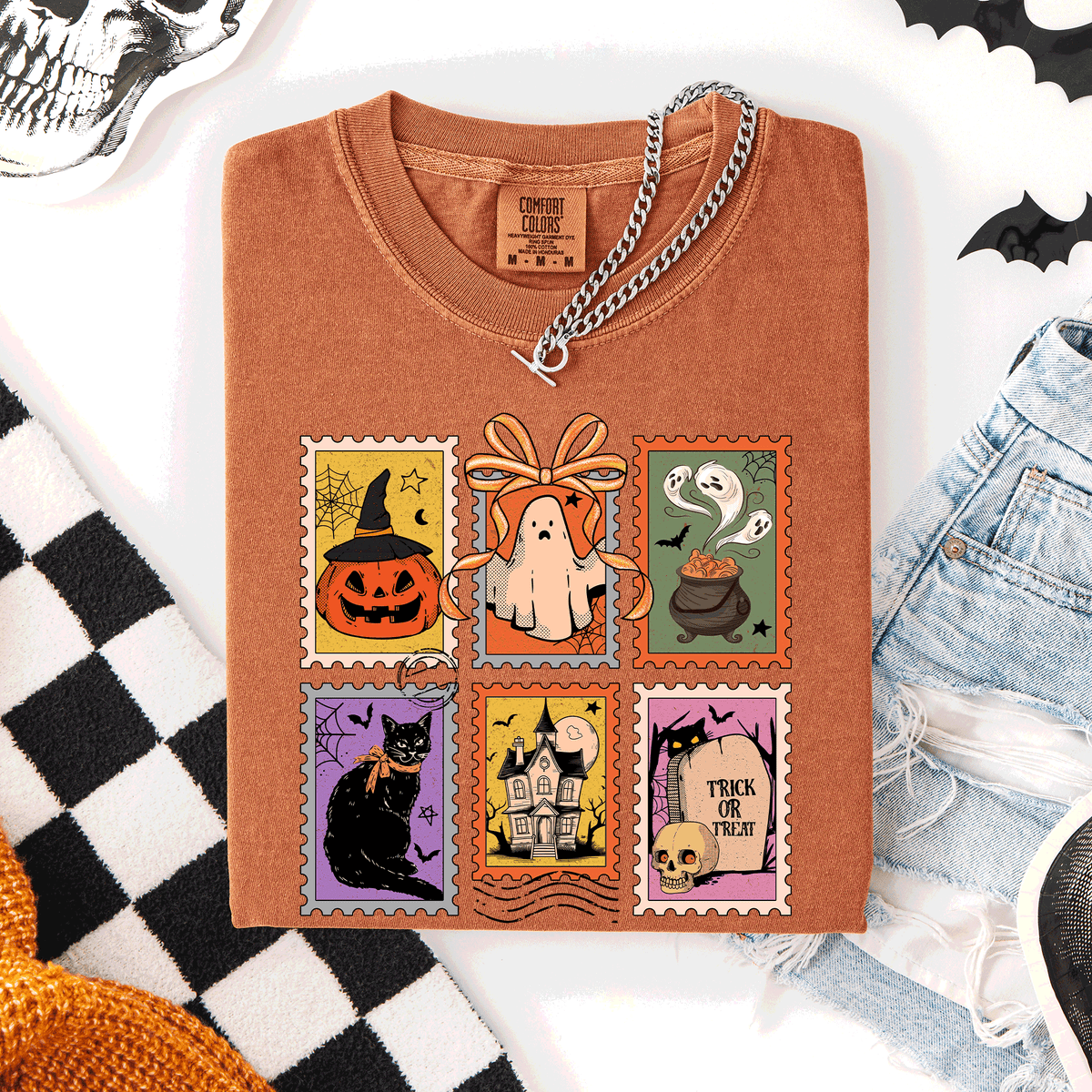 Classic Halloween Ghost Black Cat Pumpkin Witch Spooky Season Comfort Colors Tee