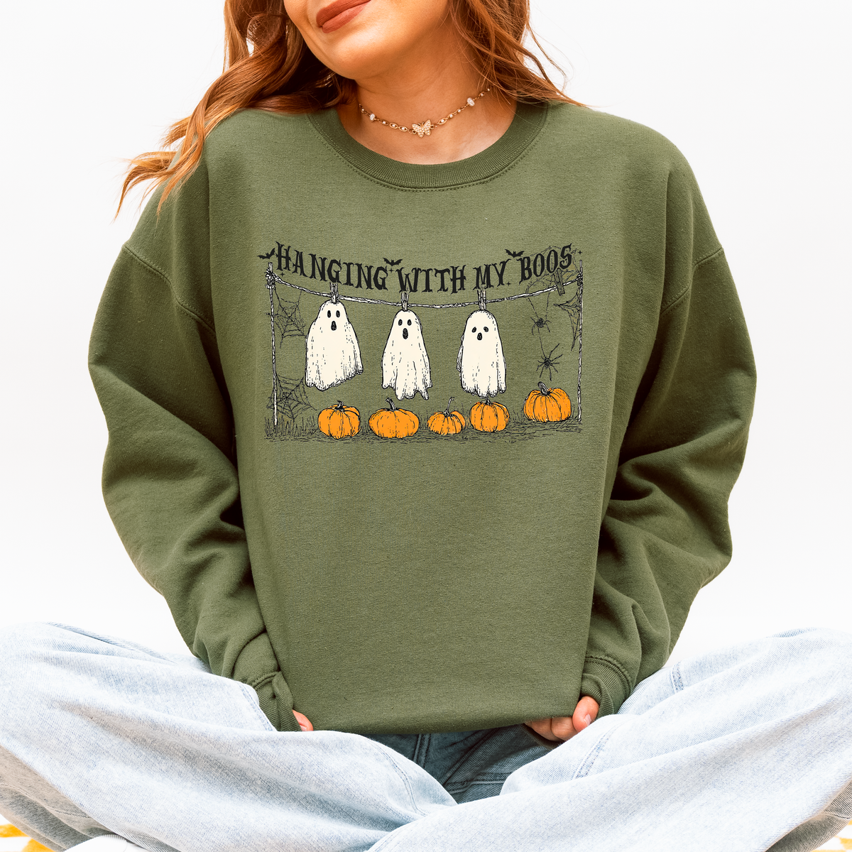 Hanging With My Boos Ghosts Halloween Spooky Seasonal Pumpkins Cozy Graphic Sweatshirt