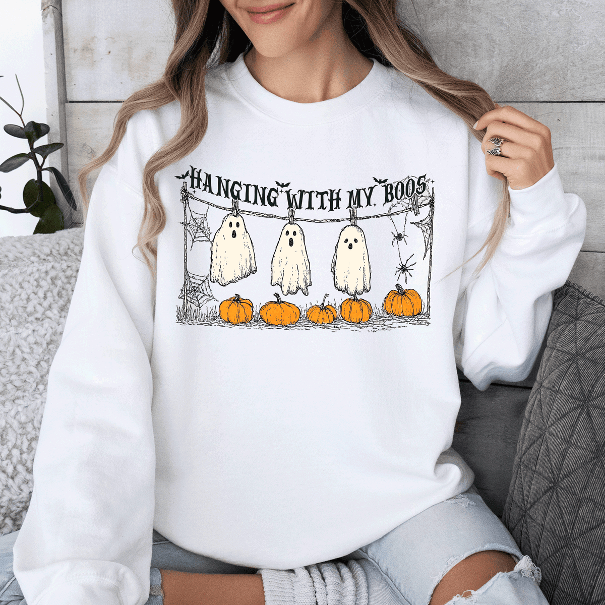 Hanging With My Boos Ghosts Halloween Spooky Seasonal Pumpkins Cozy Graphic Sweatshirt