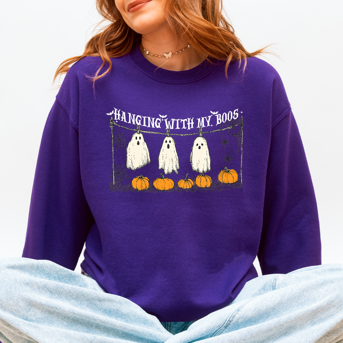 Hanging With My Boos Ghosts Halloween Spooky Seasonal Pumpkins Cozy Graphic Sweatshirt
