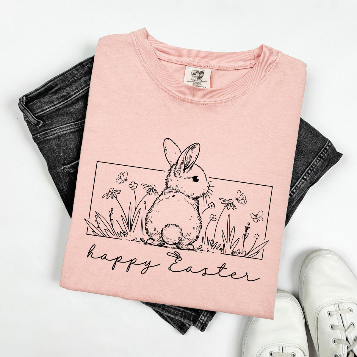 Happy Easter Minimal Bunny Jesus Rabbit Holiday Scene Artwork Comfort Colors Tee