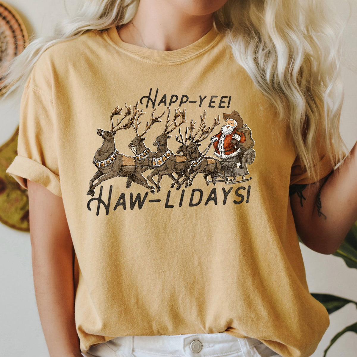 Happy Holidays, Yee Haw, Santa Cowboy, Reindeer Rodeo Christmas Edition Comfort Colors Tee