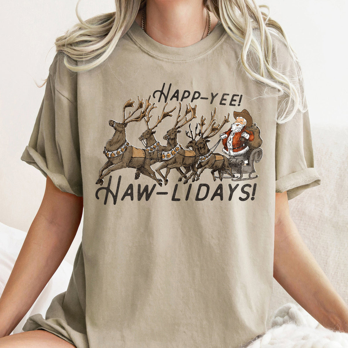 Happy Holidays, Yee Haw, Santa Cowboy, Reindeer Rodeo Christmas Edition Comfort Colors Tee