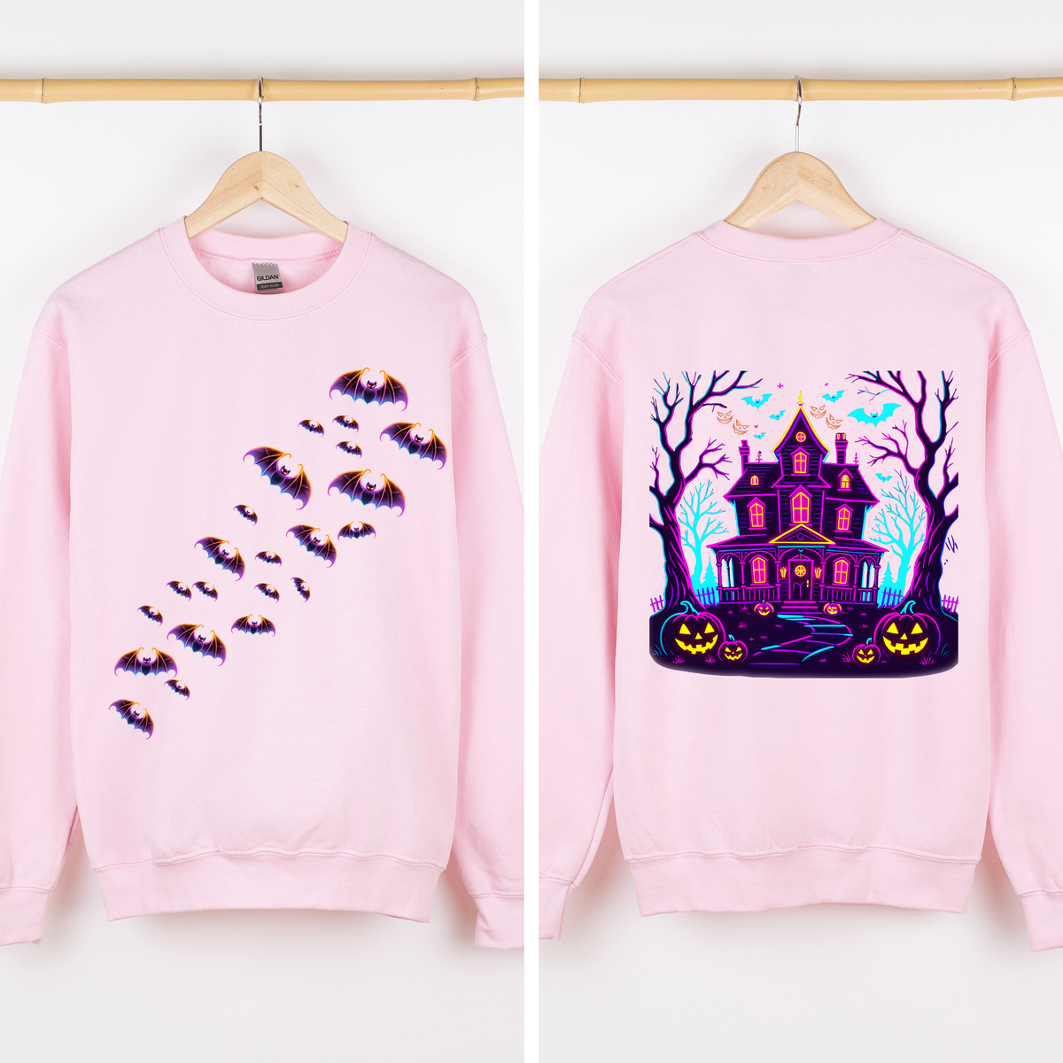 Haunted House Bright Colors Front And Back Print Bats Ghosts Halloween Sweatshirt