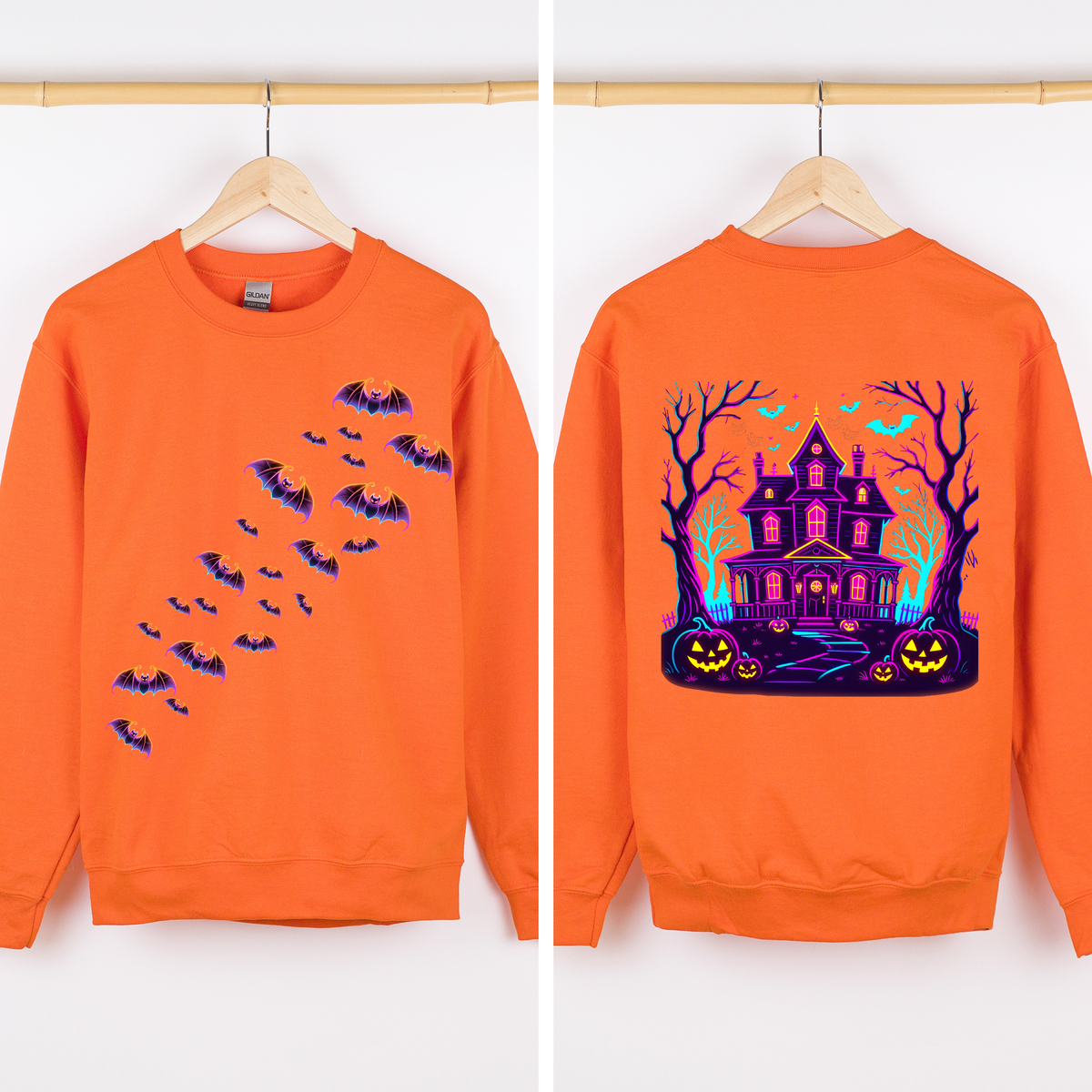 Haunted House Bright Colors Front And Back Print Bats Ghosts Halloween Sweatshirt