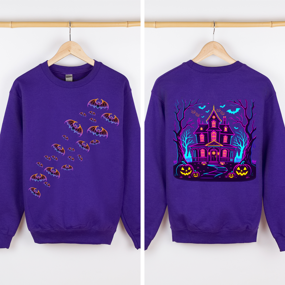 Haunted House Bright Colors Front And Back Print Bats Ghosts Halloween Sweatshirt