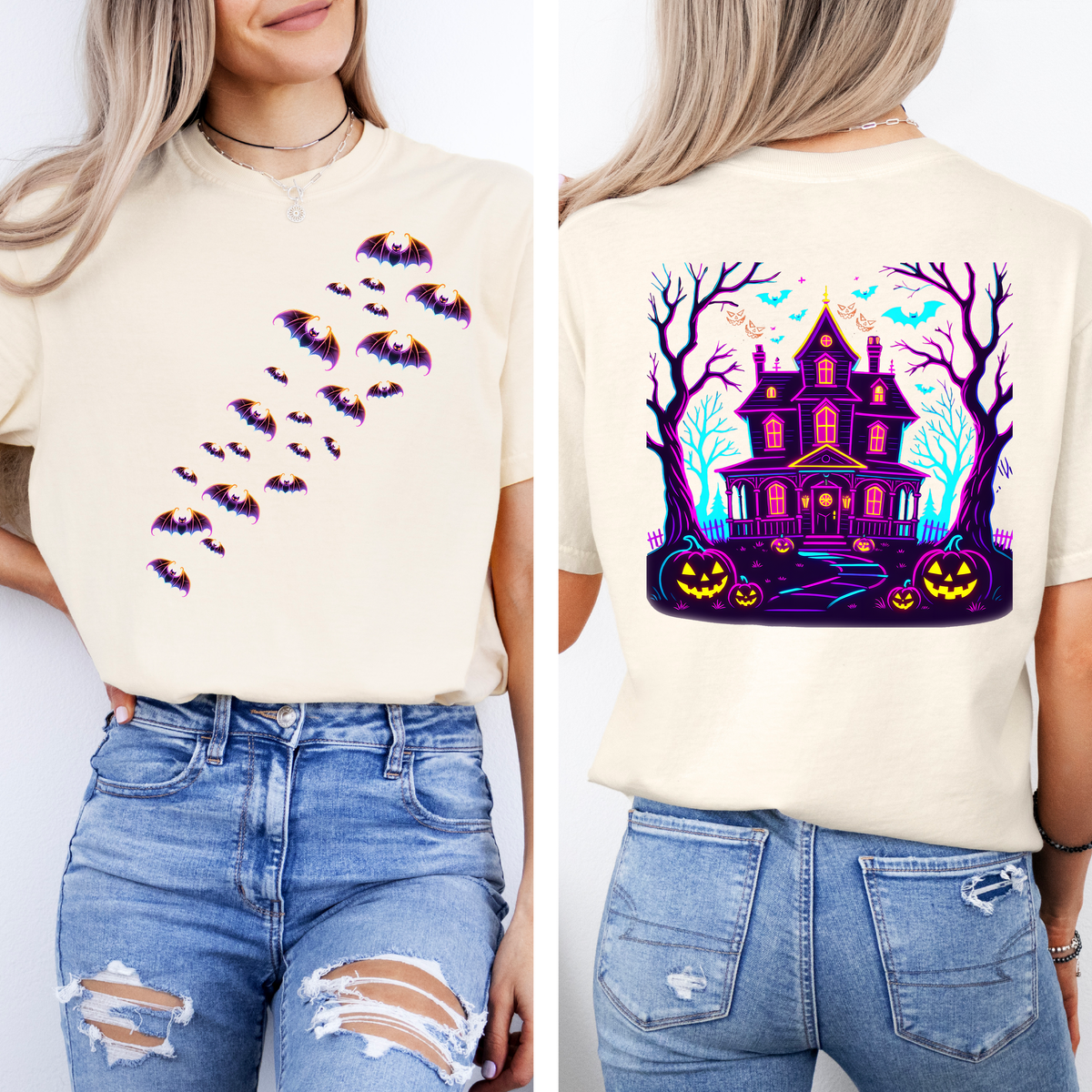Haunted House Front And Back Bats Ghosts Spooky Scene Glow In The Dark Comfort Colors Tee