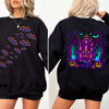 Haunted House Bright Colors Front And Back Print Bats Ghosts Halloween Sweatshirt