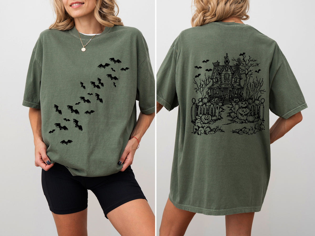 Haunted House Front And Back Halloween Retro Fall Autumn Bats Witches Skeleton Jack-O-Lanterns Comfort Colors Tee