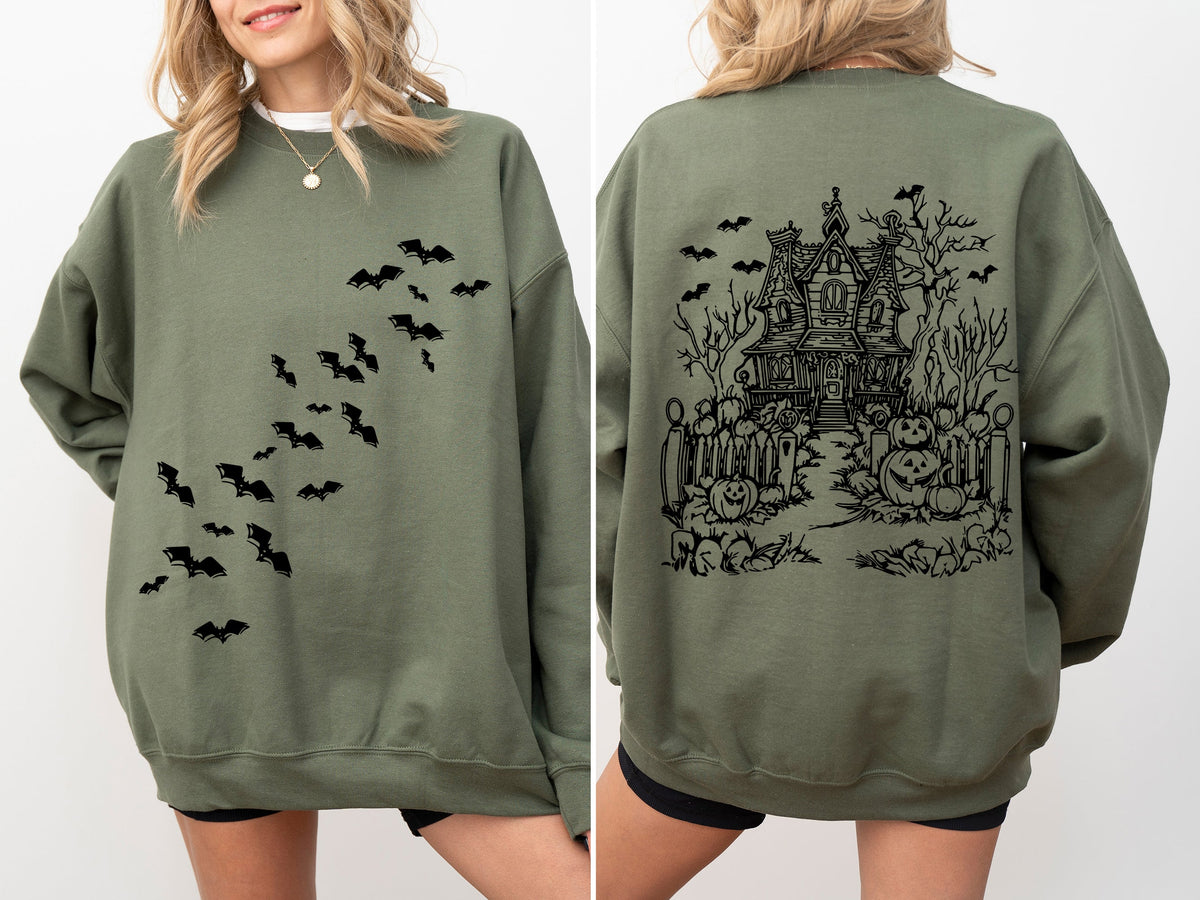 Haunted House Halloween Retro Bats Witches Skeleton Jack-O-Lanterns Spooky Sweatshirt
