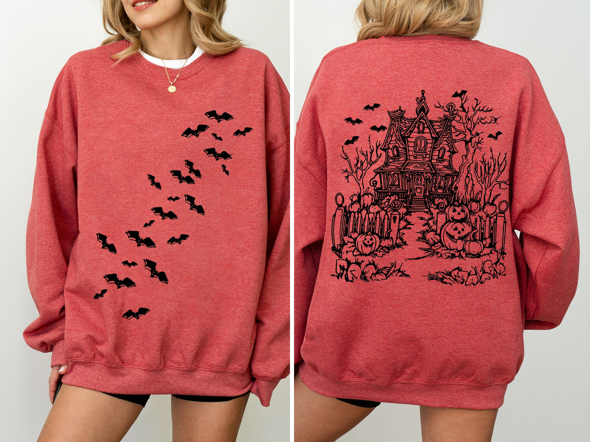 Haunted House Halloween Retro Bats Witches Skeleton Jack-O-Lanterns Spooky Sweatshirt