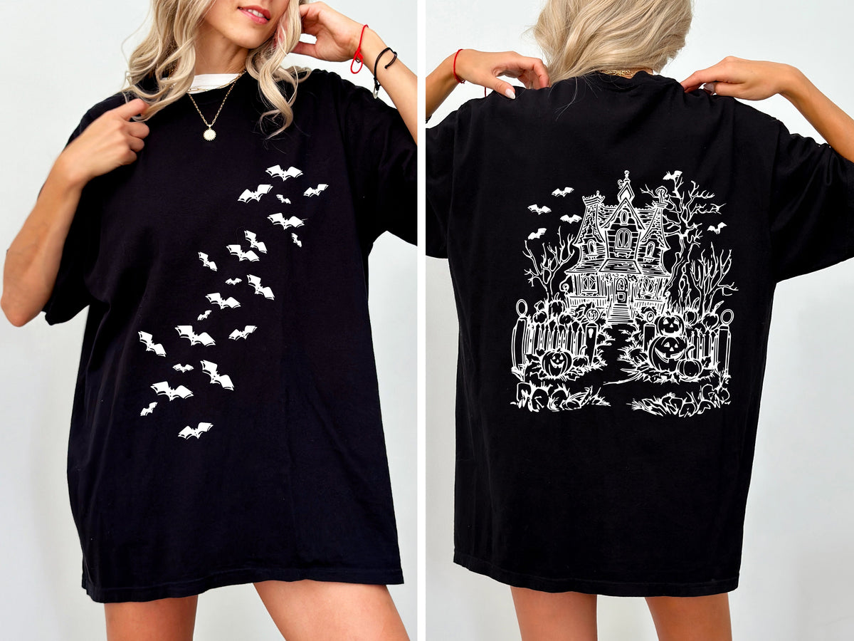 Haunted House Front And Back Halloween Retro Fall Autumn Bats Witches Skeleton Jack-O-Lanterns Comfort Colors Tee