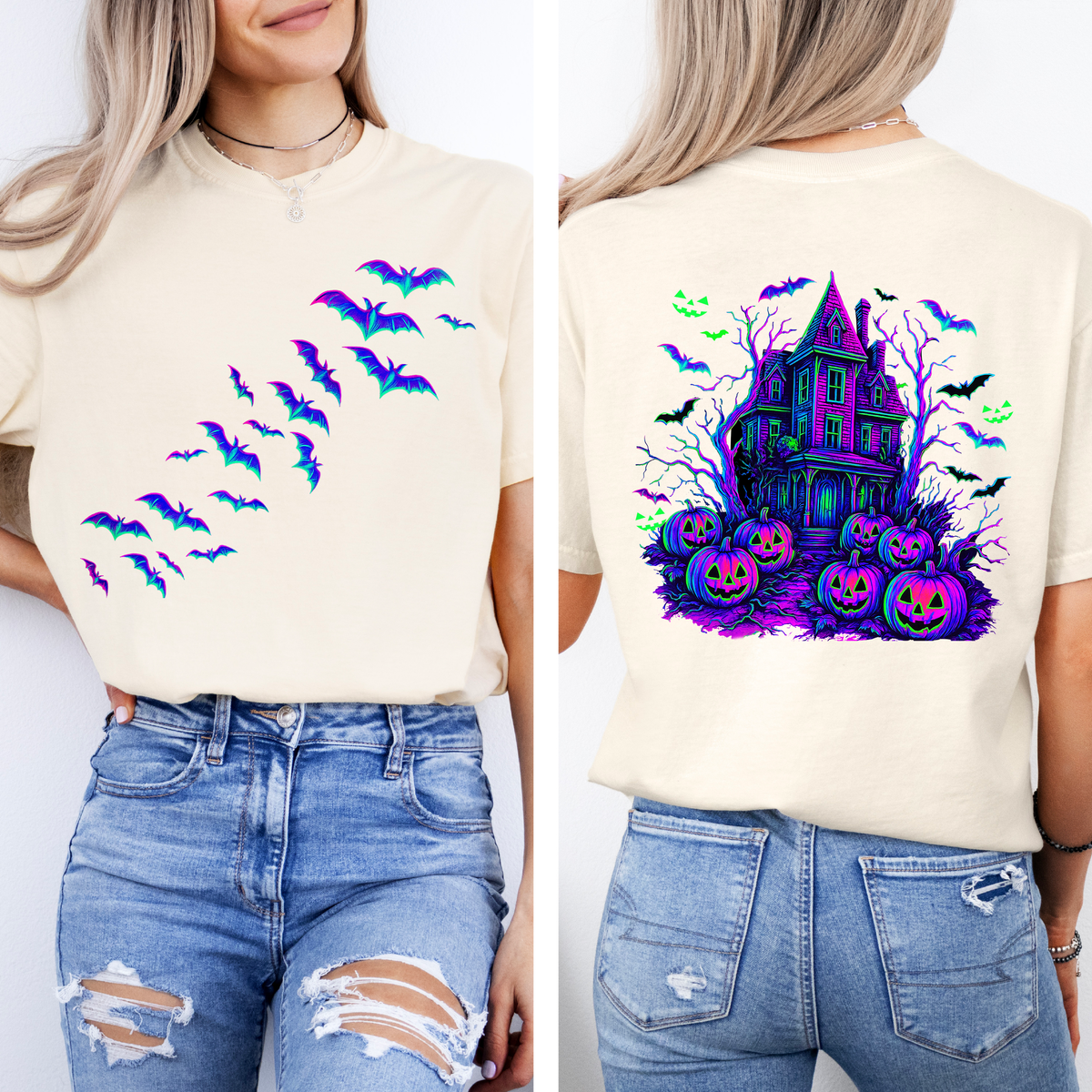 Haunted House Halloween Night Bright Colors Bats Ghosts Spooky Scene Illustration Comfort Colors Tee