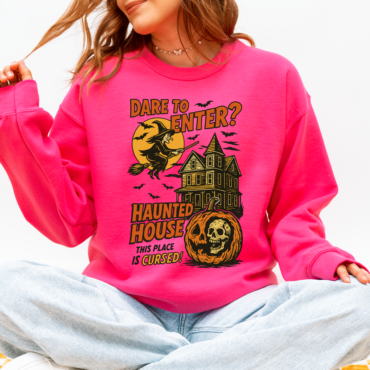 Haunted House Halloween Retro Spooky Witch Night Sky Moonlit Pumpkin Tales Vintage Illustration Sweatshirt