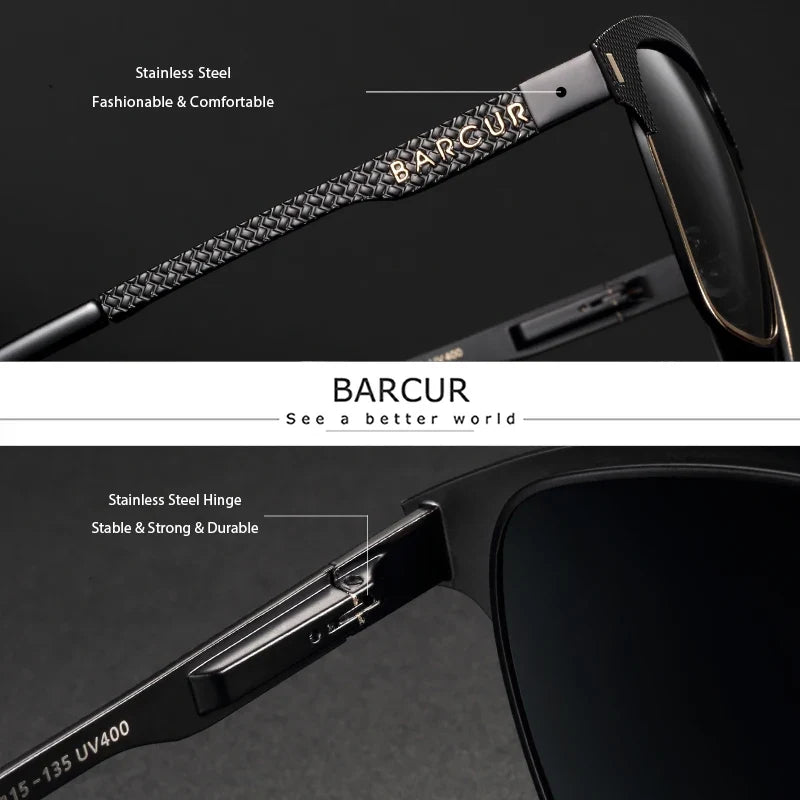 BARCUR Polarized Men’s Sunglasses – Fashionable Square Stainless Steel Frame UV400 Protection Anti-Reflective Outdoor Sports & Driving Eyewear – Original Design Casual Style with Premium Polycarbonate Lenses