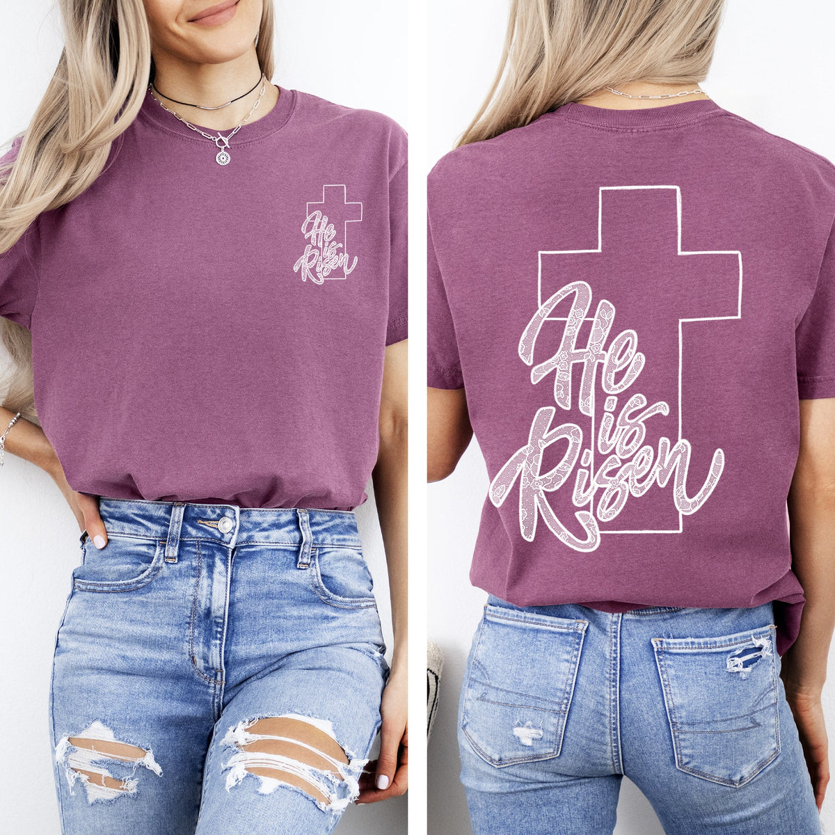 He Is Risen Faux Lace Girly Cross Christian Jesus Gospel Faith Saved Comfort Colors Tee