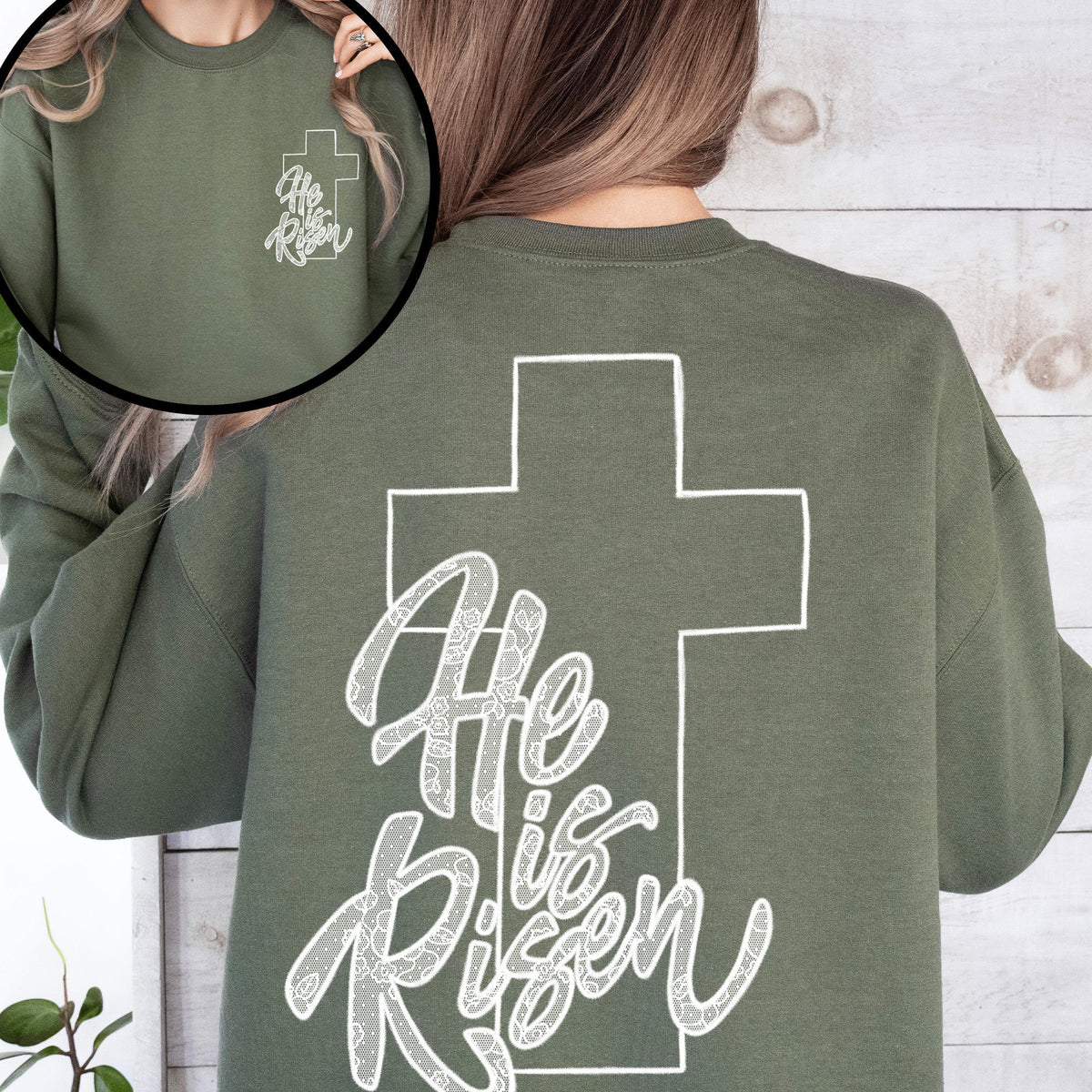 He Is Risen Faux Lace Girly Cross Coquette Christian Jesus Gospel Faith Saved Sweatshirt