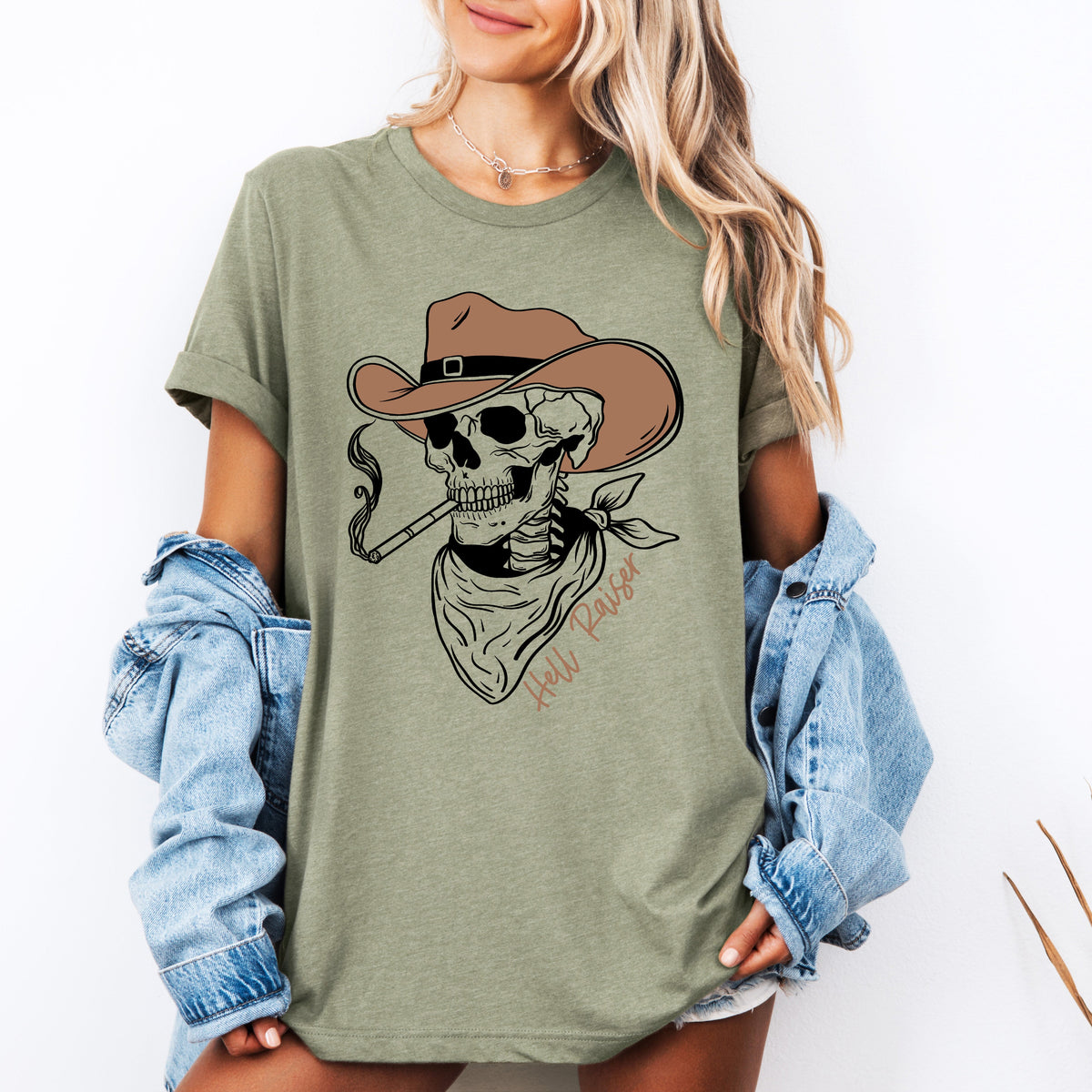 Hell Raiser Skeleton Halloween Cowboy Western Spooky Motif With Rustic Vintage Vibe Graphic Tee