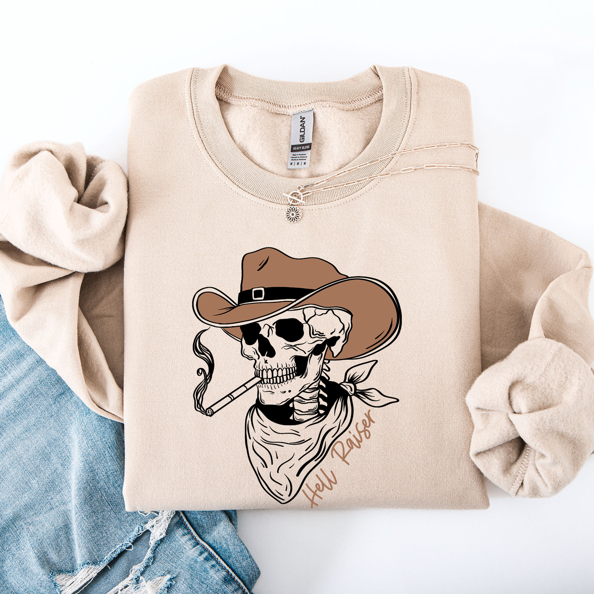 Hell Raiser Skeleton Halloween Western Spooky Cowboy Country Premium Graphic Sweatshirt