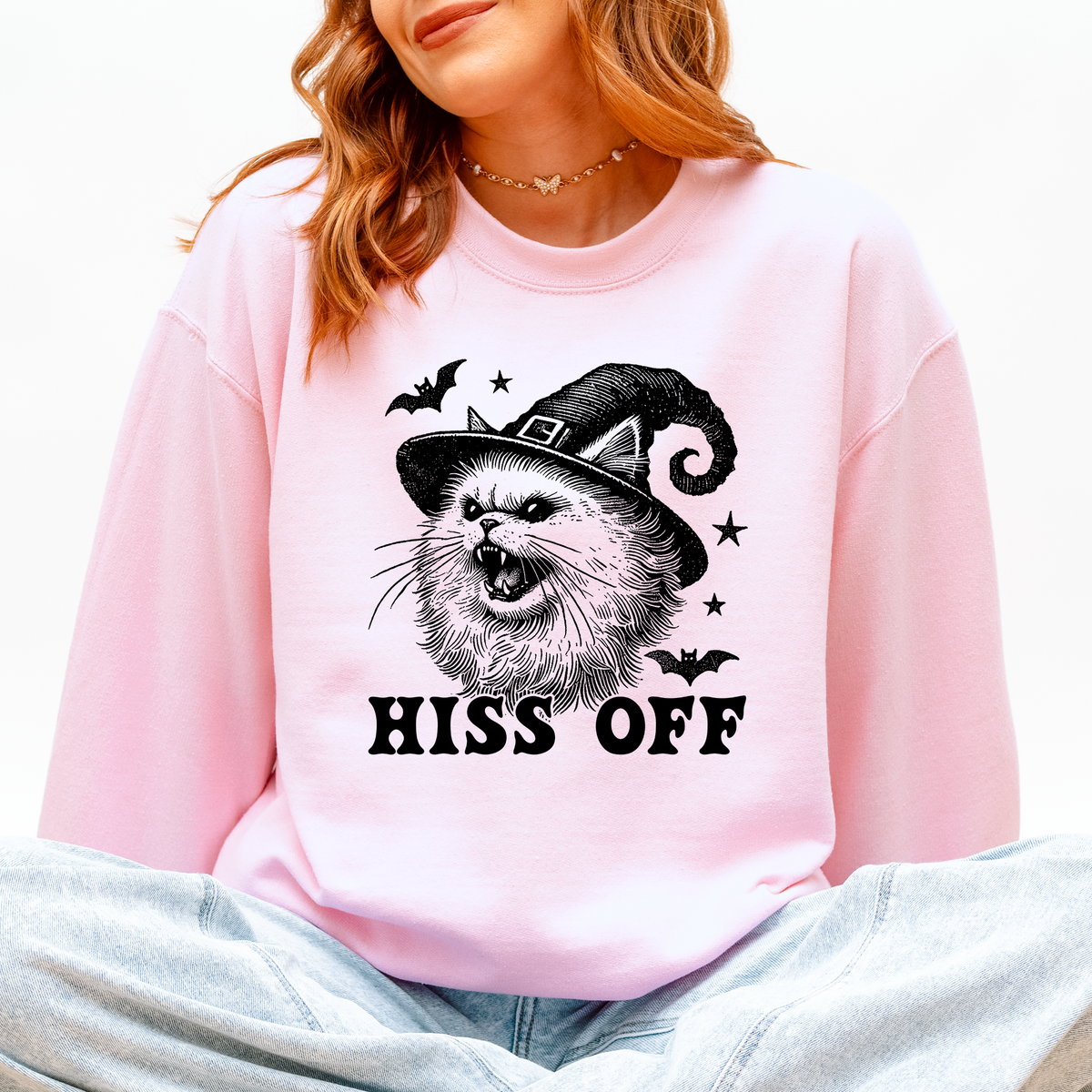 Hiss Off Cat Halloween Witch Cozy Feline Graphic Illustration For Cozy Fall Fashion Sweatshirt