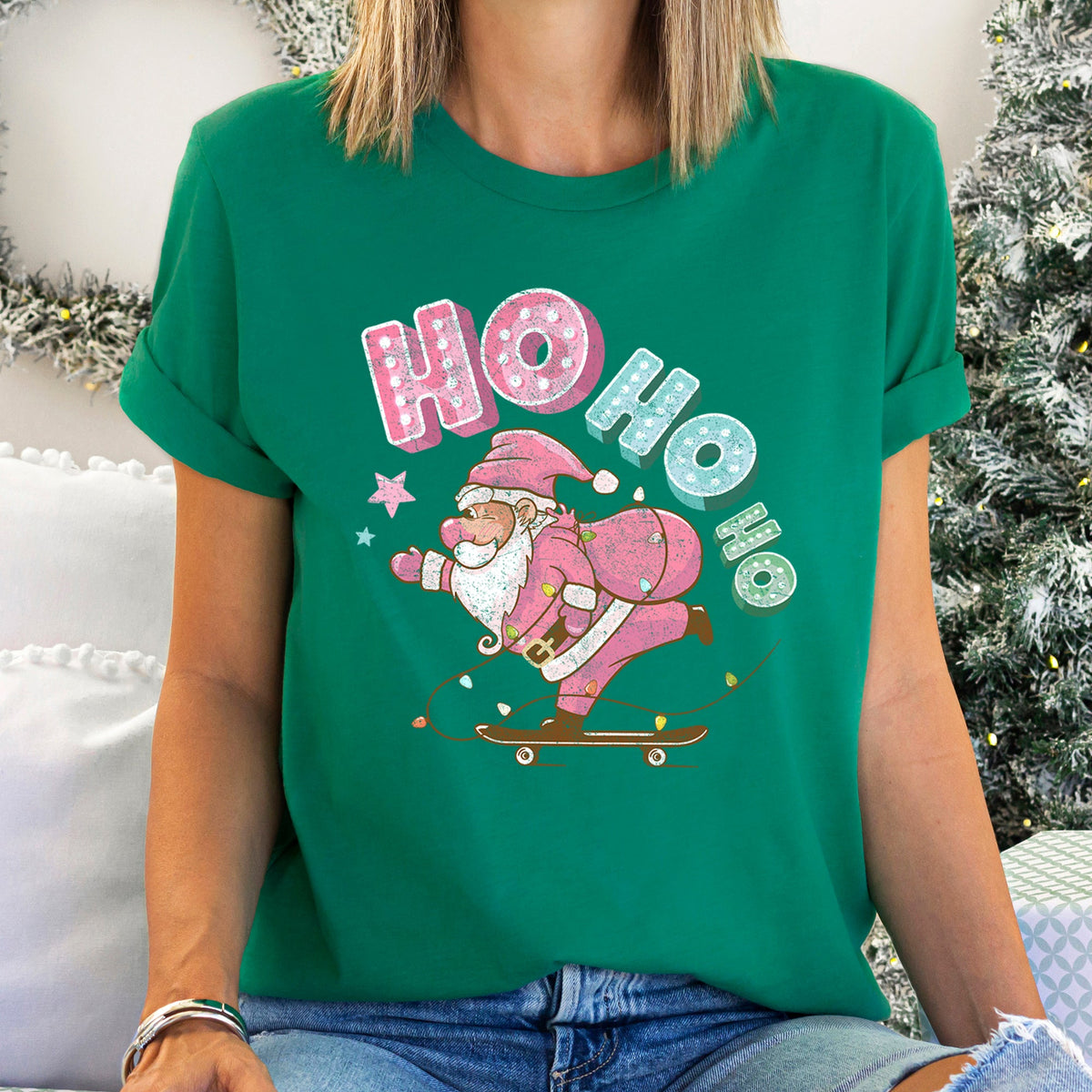 Ho Ho Ho Pink Skateboarding Santa Christmas Retro Vintage Bold Limited Classic Graphic Tee