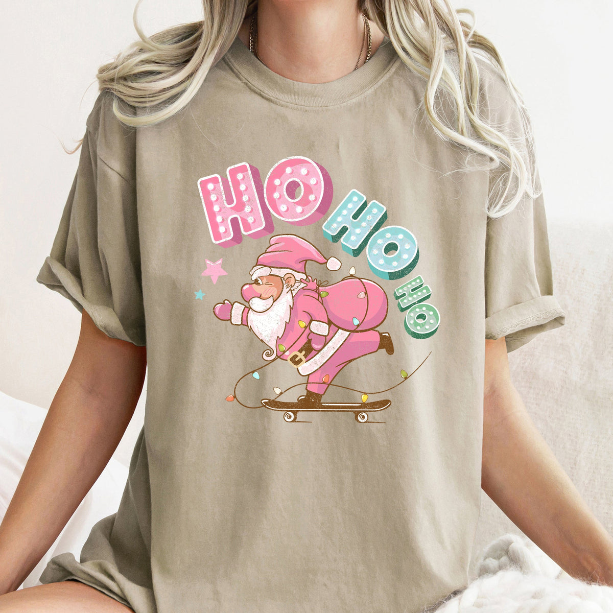 Ho Ho Ho Pink Skateboarding Santa Retro Christmas Graphic Holiday Edition Comfort Colors Tee