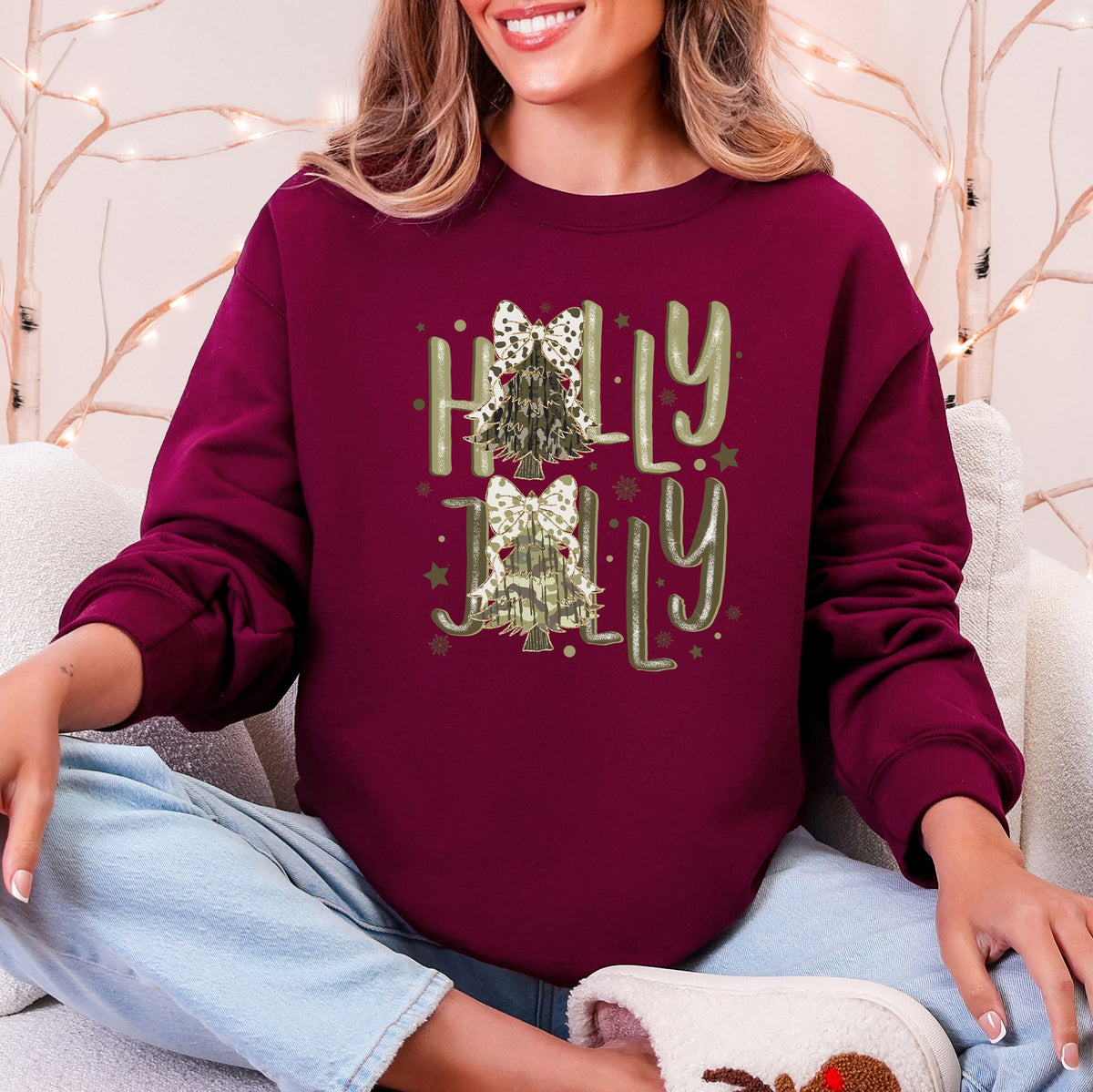 Holly Jolly Christmas Camouflage Tree Santa Dalmatian Ribbons And Bows Cozy Holiday Sweatshirt