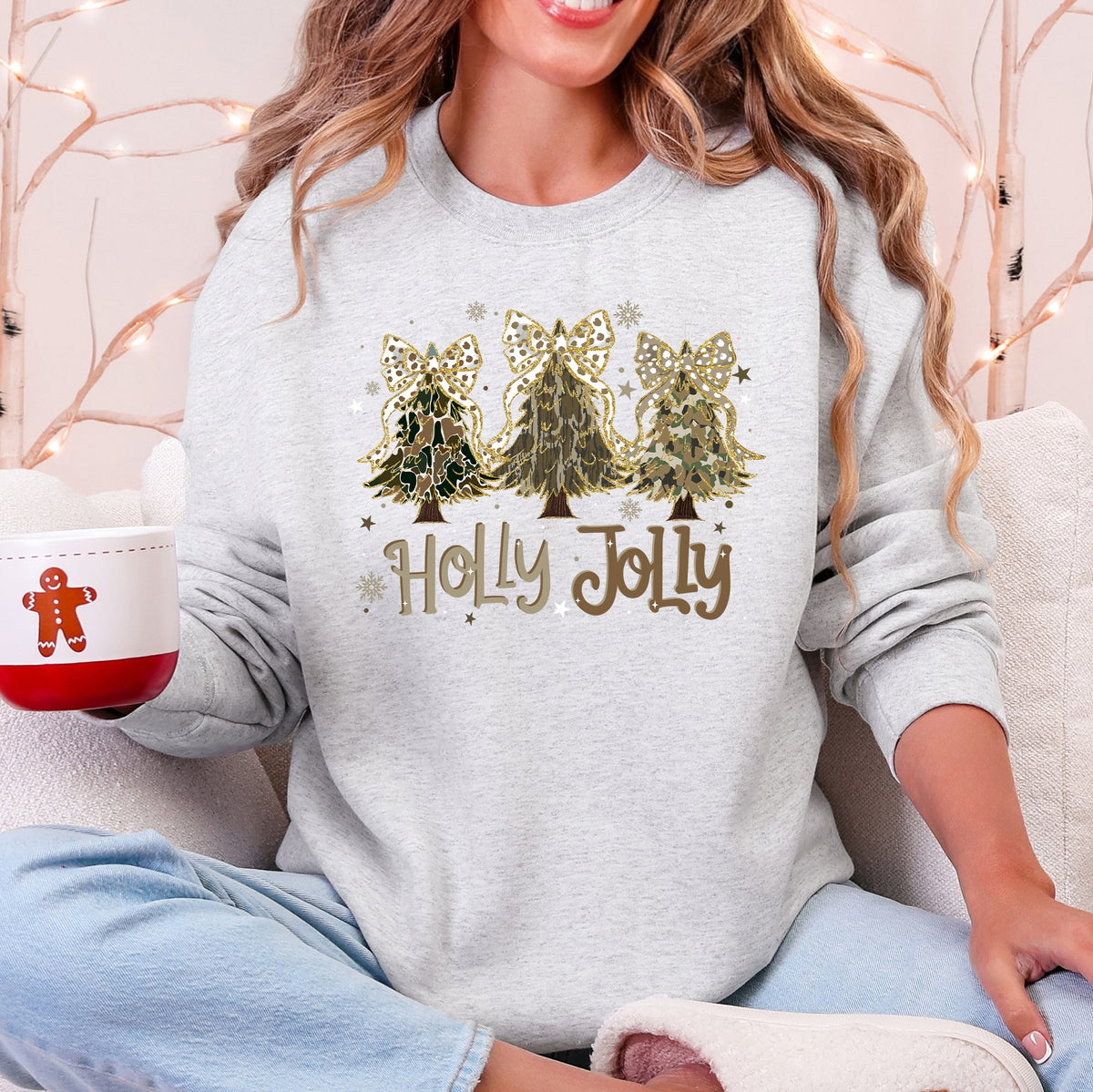 Holly Jolly Camo Christmas Tree Santa Ribbons Bows Cozy Christmas Cheer Sweatshirt