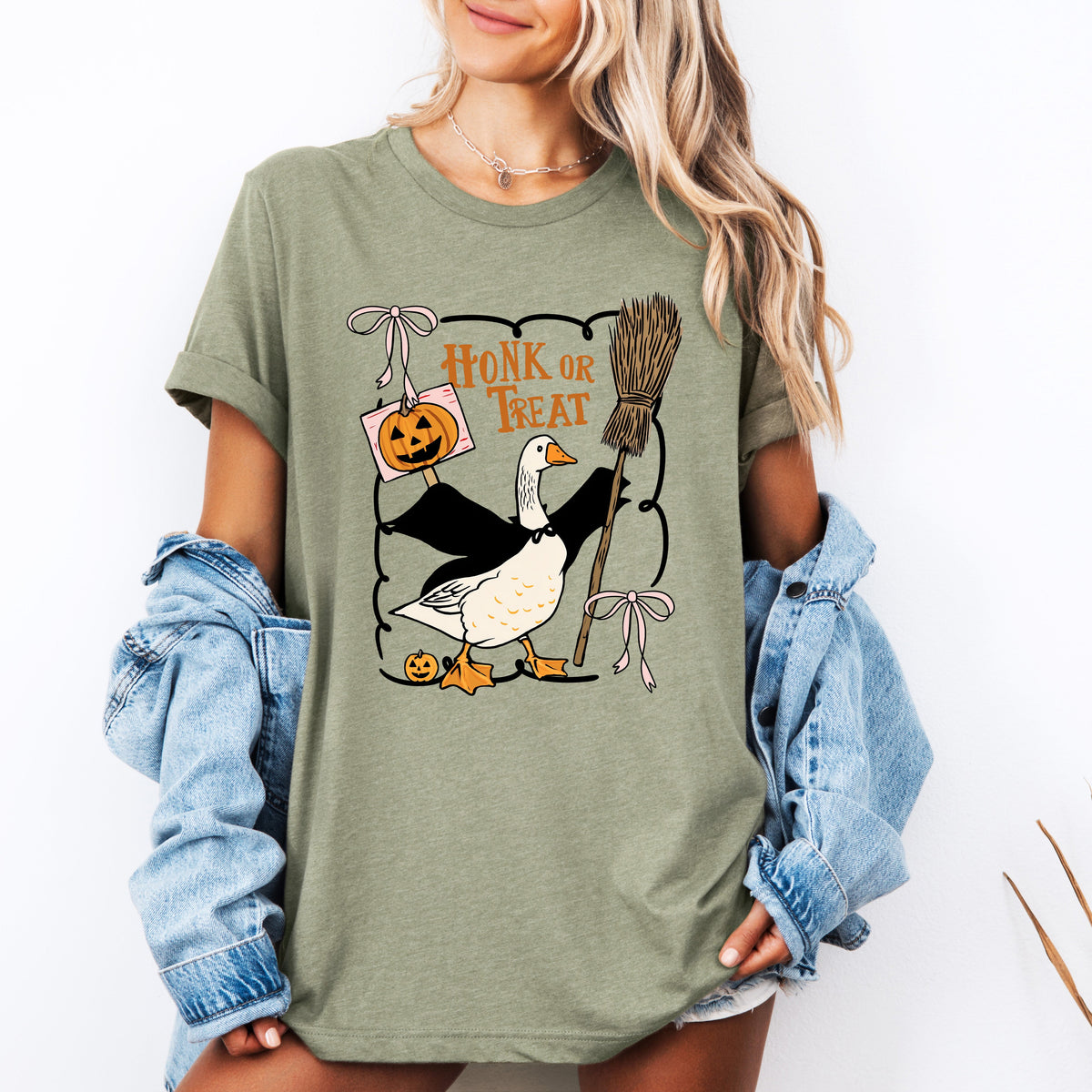 Honk or Treat Cute Goose Halloween Witch Cozy Spooky Season Mascot Illustration For Halloween Party Wear Graphic Tee