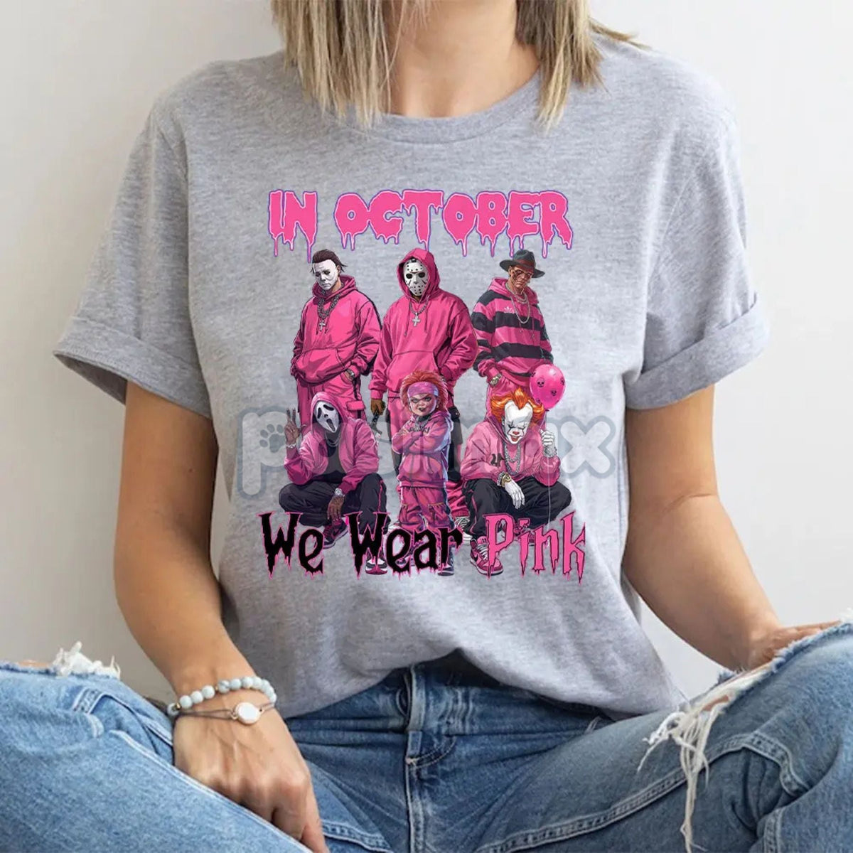 Horror "In October We Wear Pink" Shirt - Breast Cancer Awareness Movie Killer Graphic Tee, Funny Spooky Season Top