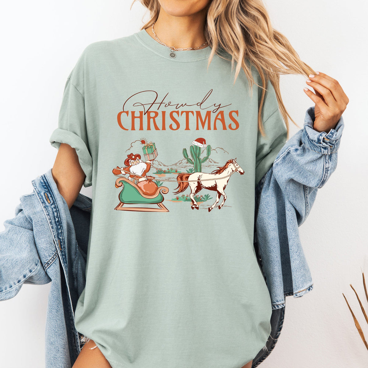 Howdy Christmas Cowboy Santa Western Sleigh Horse Country Xmas Comfort Colors Tee