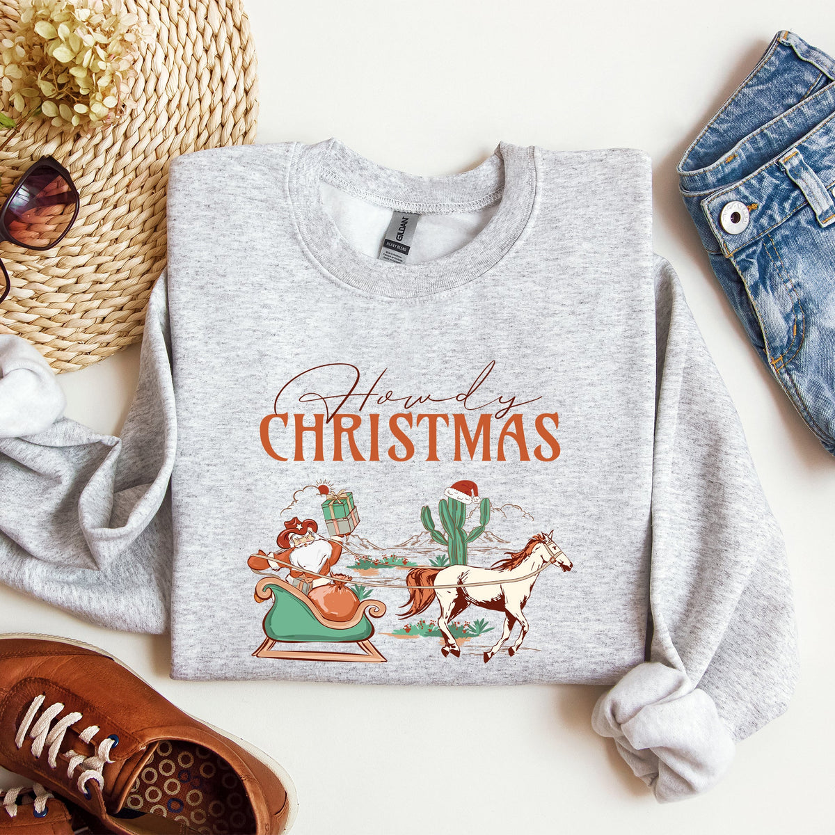 Howdy Christmas Cowboy Santa Western Sleigh Horse Country Xmas Seasonal Sweatshirt