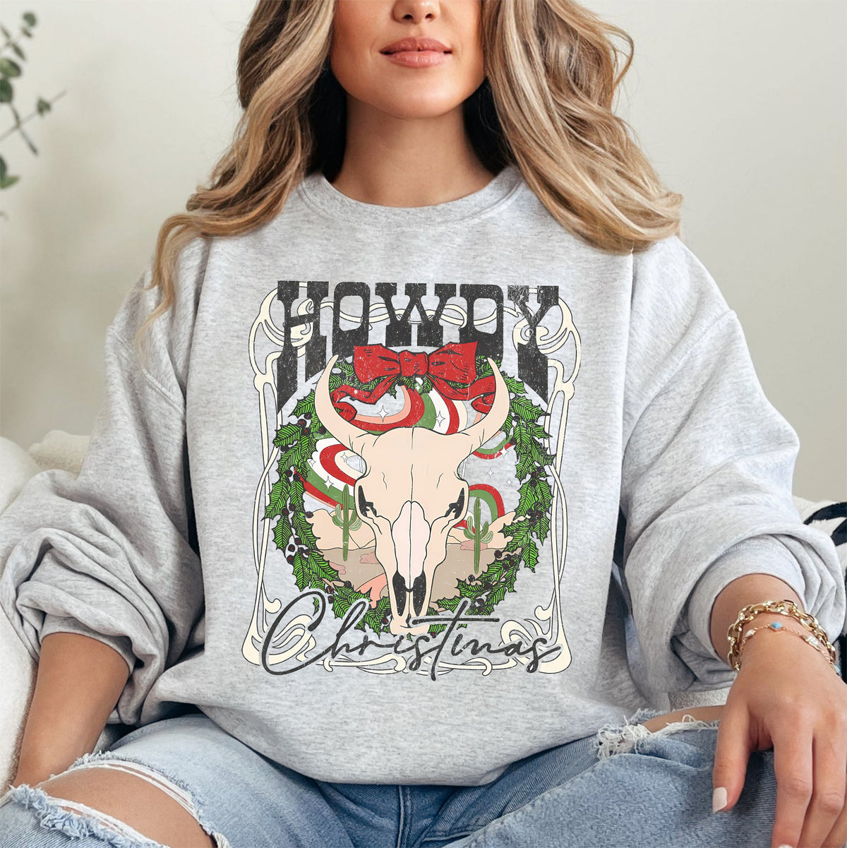 Howdy Christmas Skull Western Cowboy Festive Holiday Edition Graphic Cozy Sweatshirt