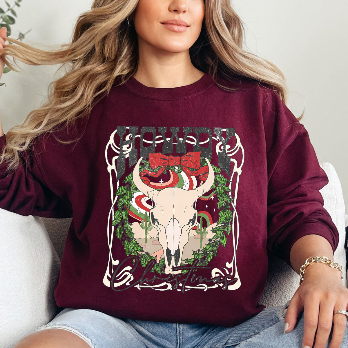 Howdy Christmas Skull Western Cowboy Festive Holiday Edition Graphic Cozy Sweatshirt