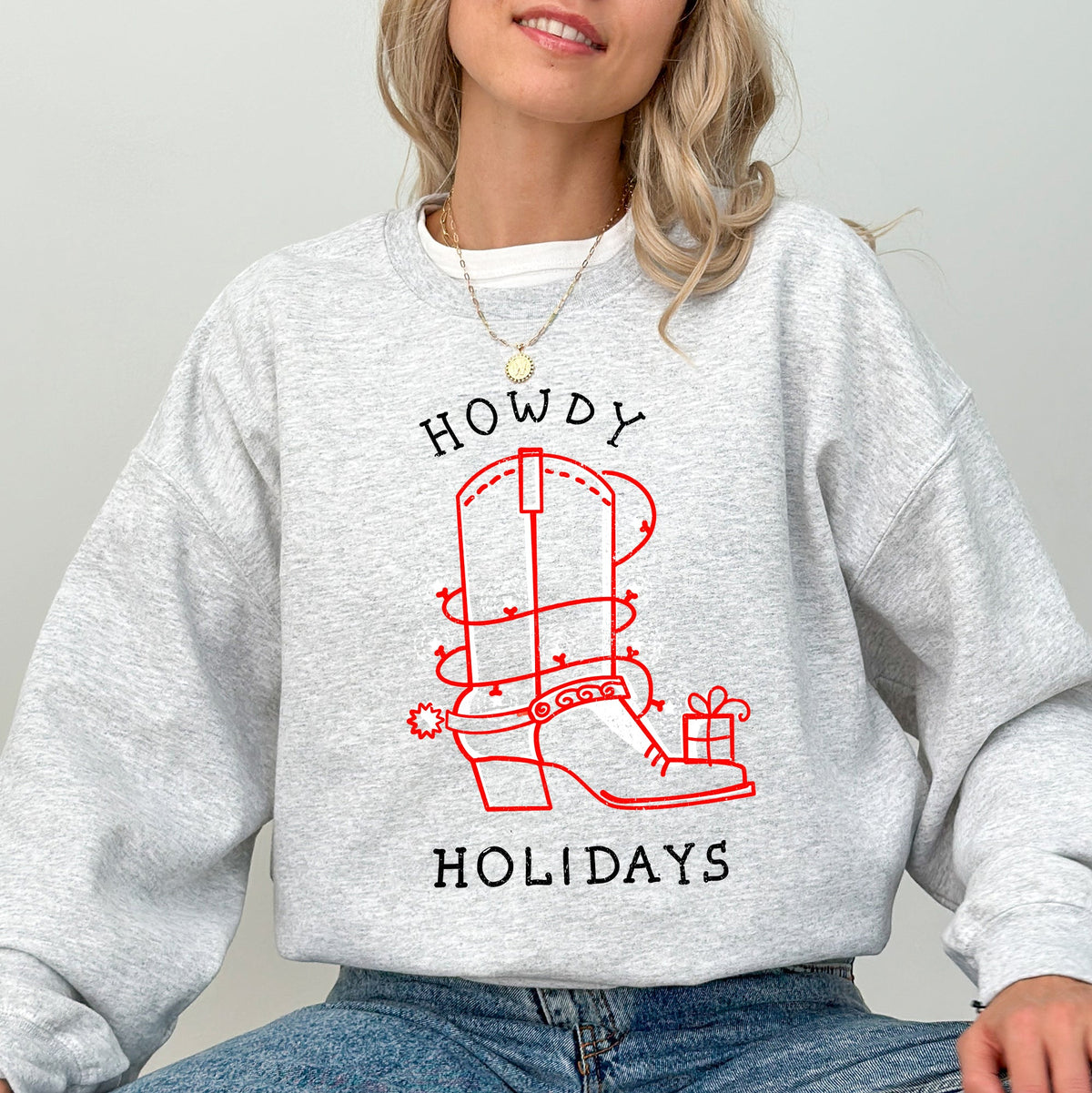 Howdy Holidays Christmas Cowboy Boot Country Western Xmas Graphic Premium Sweatshirt