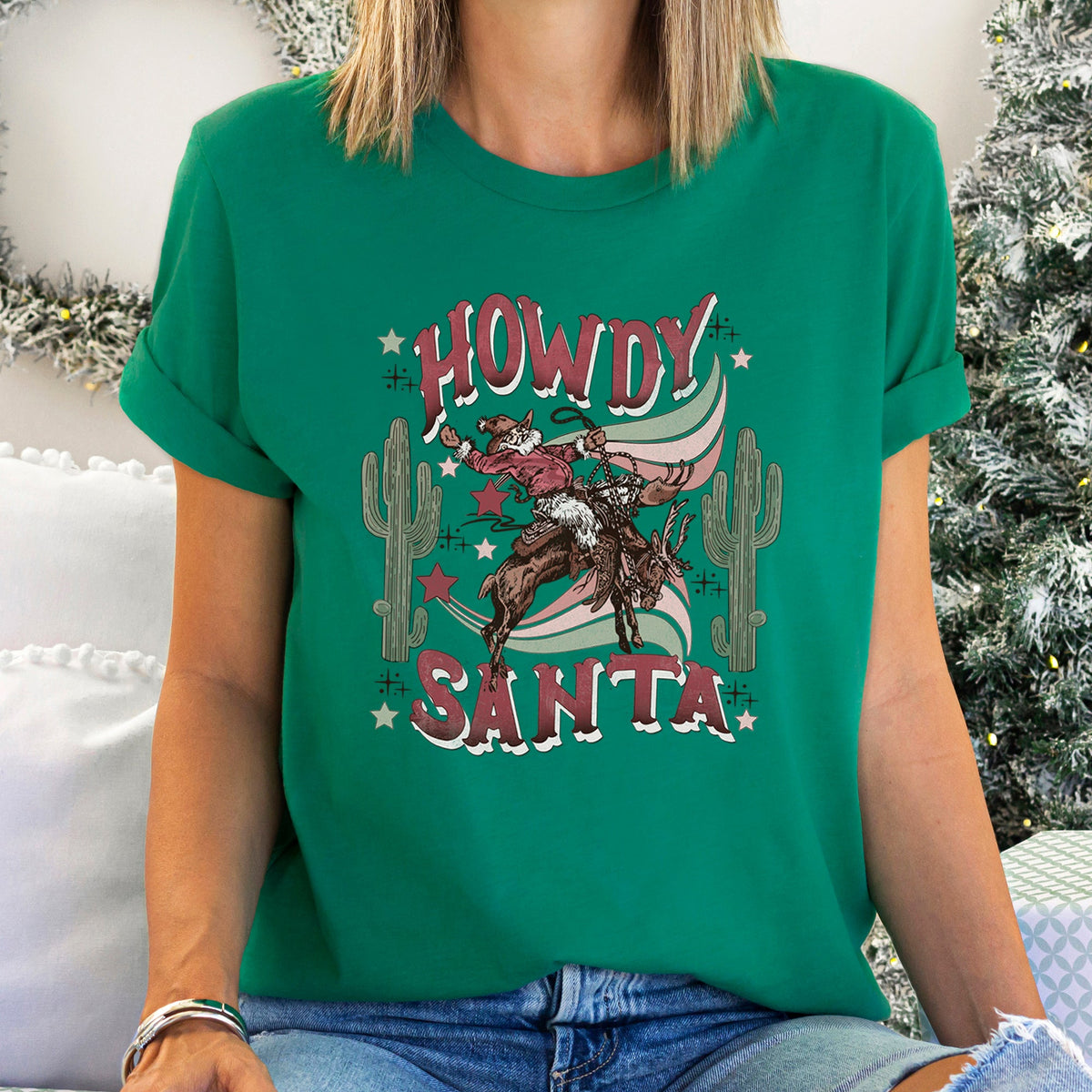 Howdy Santa Cowboy Reindeer Rodeo Desert Cactus Christmas Southwest Festive Graphic Tee