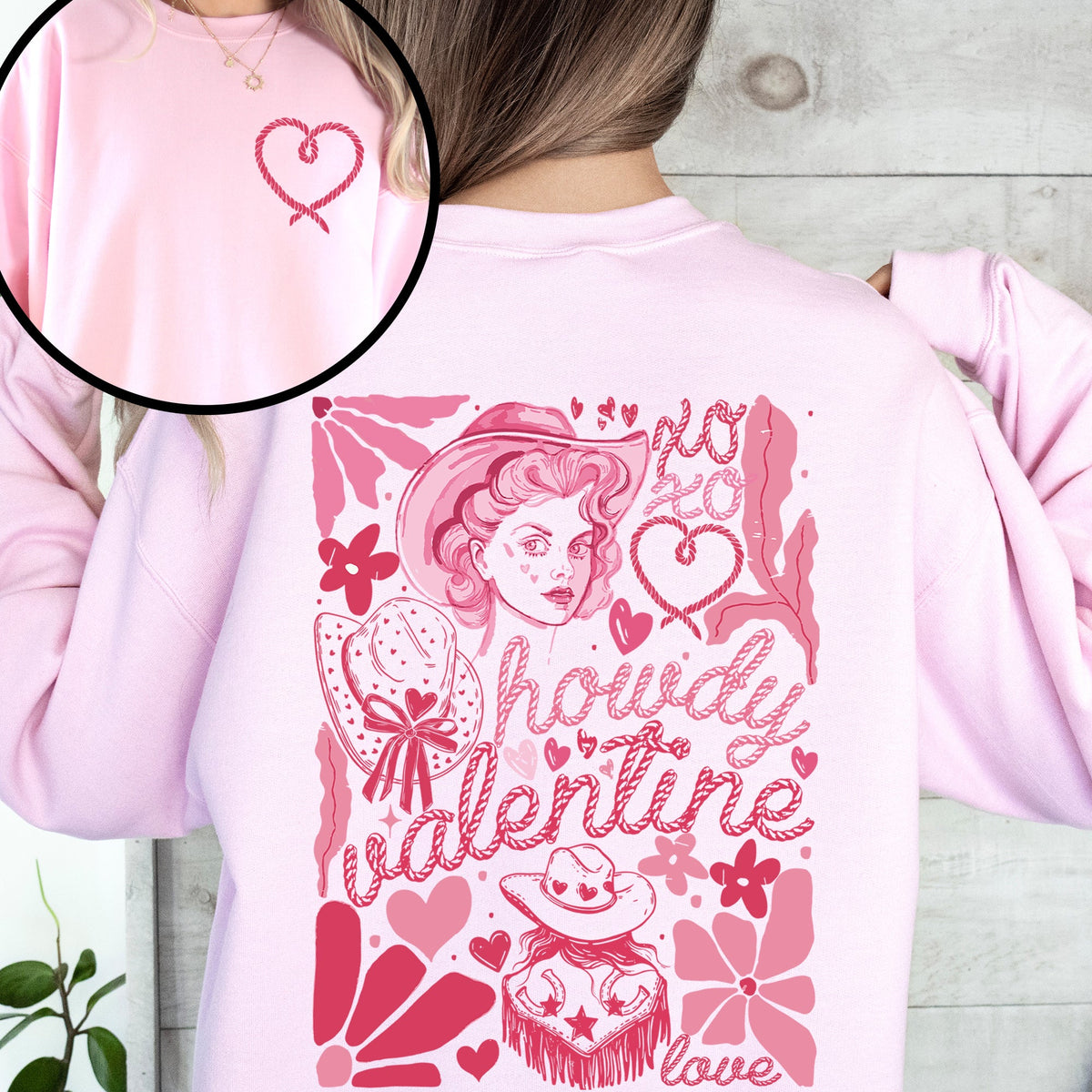 Howdy Valentine Cowgirl Western Country Love Heart Front And Back Graphic Premium Sweatshirt