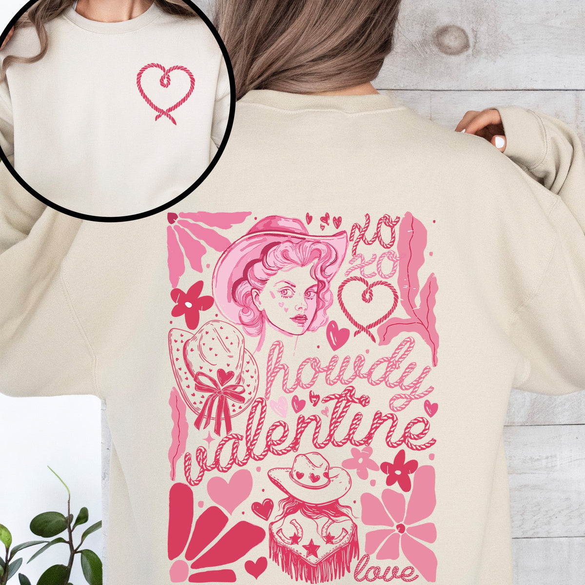 Howdy Valentine Cowgirl Western Country Love Heart Front And Back Graphic Premium Sweatshirt