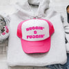 Huggin And Fuggin Sassy Funny Bright Pink Sparkle Statement Snapback Trucker Hat