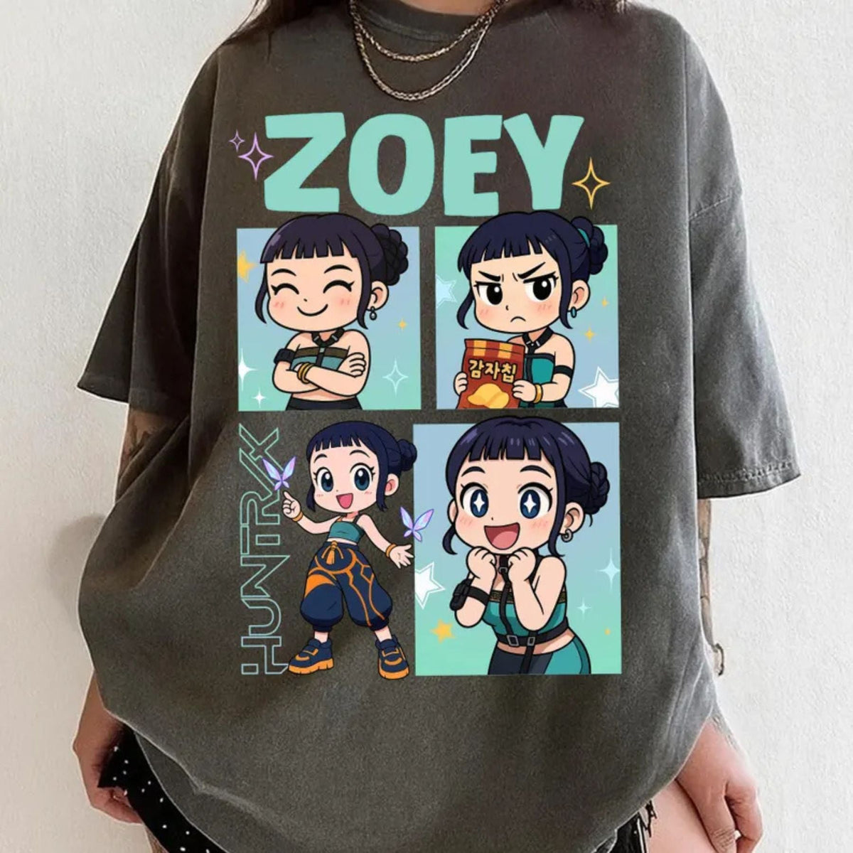 Huntrix Demon Hunter Zoey Chibi T-Shirt - K-Pop Demon Hunters Rumi Mira Joey Tee, Vintage Fan Merch Gift
